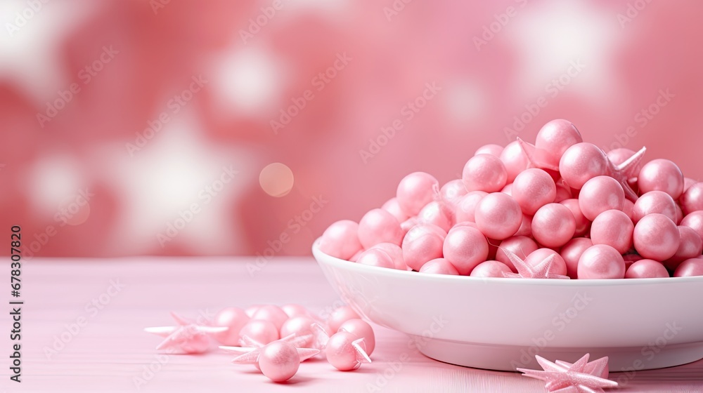 a white bowl filled with pink candies on top of a pink table next to a pink and white boke of star shaped candies on a pink background. a white bowl filled with pink candies on top of a pink table next to a pink and white boke of star shaped candies on a pink background.