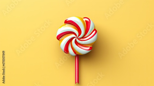  a lollipop on a yellow background with a red and white striped lollipop on a red and white striped lollipop on a yellow background with red and white striped lollipop. photo
