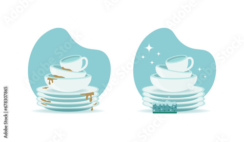 Clean and dirty dishes. Kitchen plates before and after washing. Kitchen utensils wash vector concept