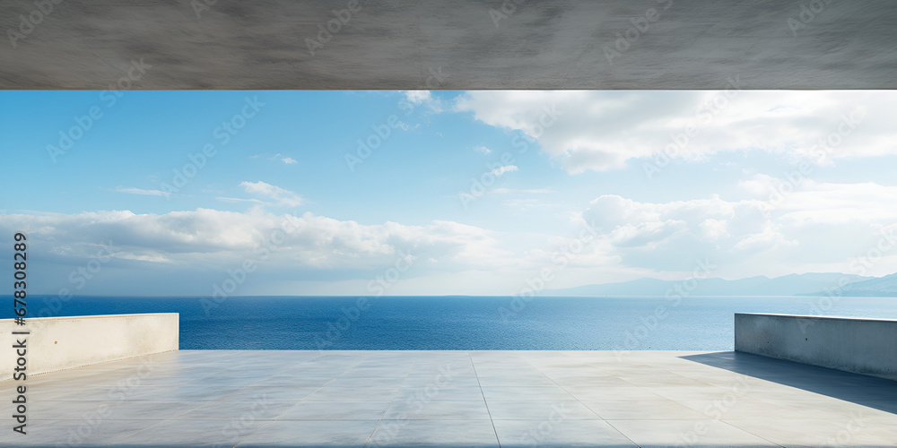 Abstract empty, modern concrete room with balcony and ocean view and rough floor - industrial interior background template Empty square floor and city skyline with building background, generative AI

