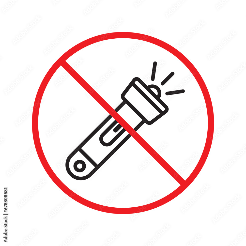 Forbidden Prohibited Warning attention restriction label caution danger. No Flashlight vector icon. Flashlight sign design. Flashlight flat pictogram symbol UX UI