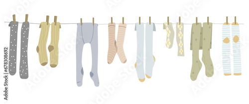 Set of different types underwear and socks hanging on a clothesline. Cute kid vector flat illustration.
