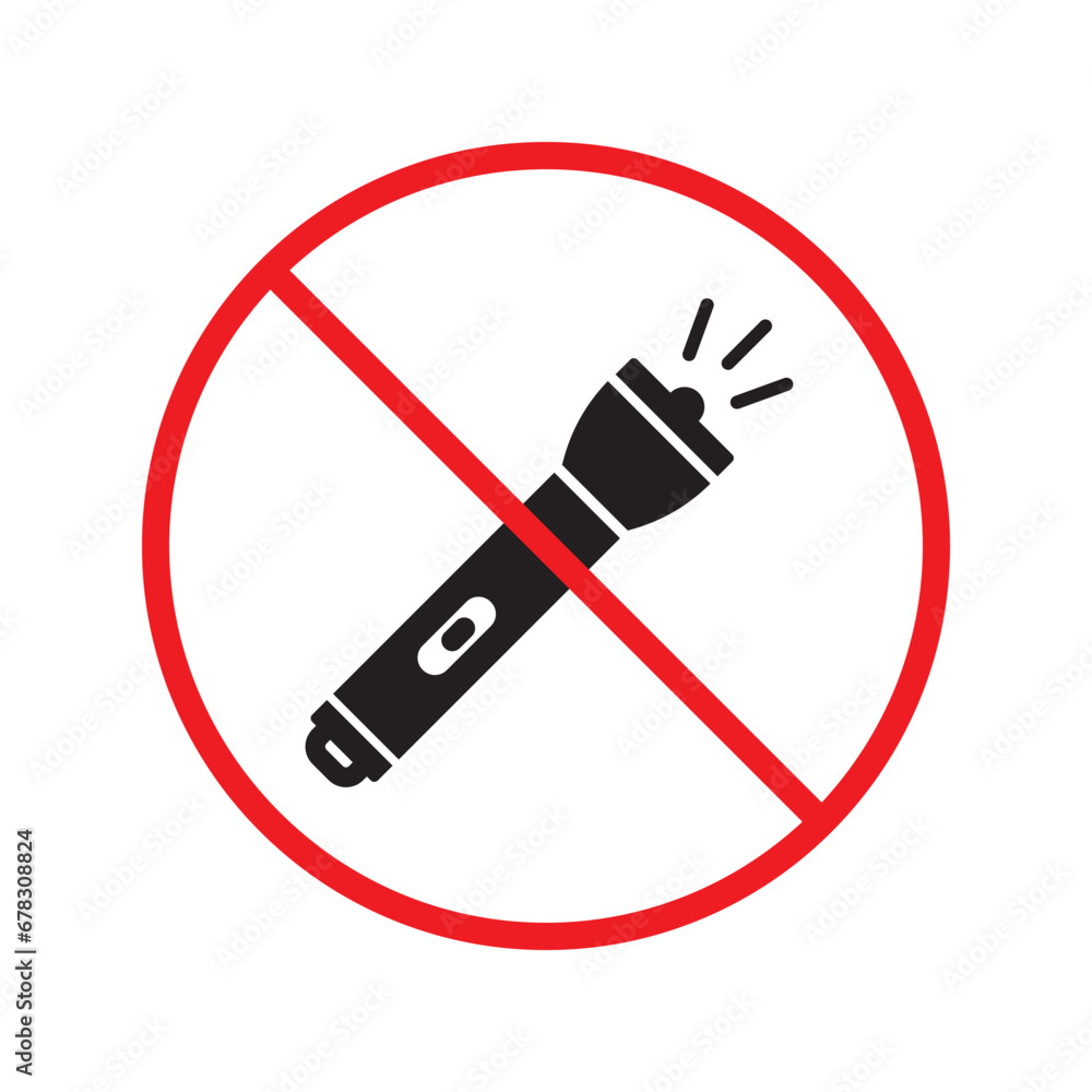 Forbidden Prohibited Warning attention restriction label caution danger. No Flashlight vector icon. Flashlight sign design. Flashlight flat pictogram symbol UX UI Forbidden Prohibited Warning attention restriction label caution danger. No Flashlight vector icon. Flashlight sign design. Flashlight flat pictogram symbol UX UI