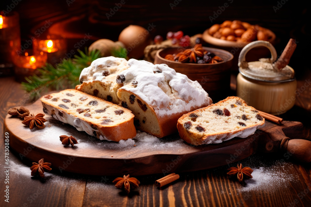 Christmas stollen on rustic wooden table. Traditional christmas german dessert