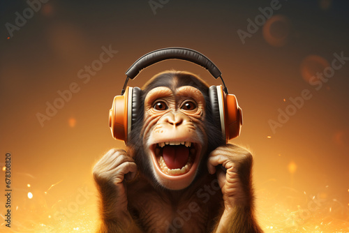 Fotografie, Tablou funny monkey listening to headphones