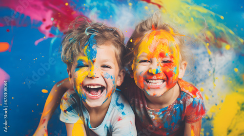 Photorealistic image of some smiling children with painted faces, Captivating innocence: dynamic close-up of diverse children splashed with colors photo