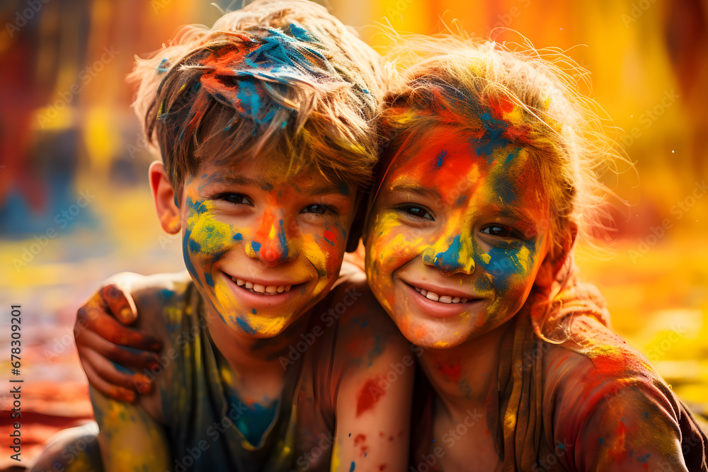 Obraz premium Photorealistic image of some smiling children with painted faces, Captivating innocence: dynamic close-up of diverse children splashed with colors