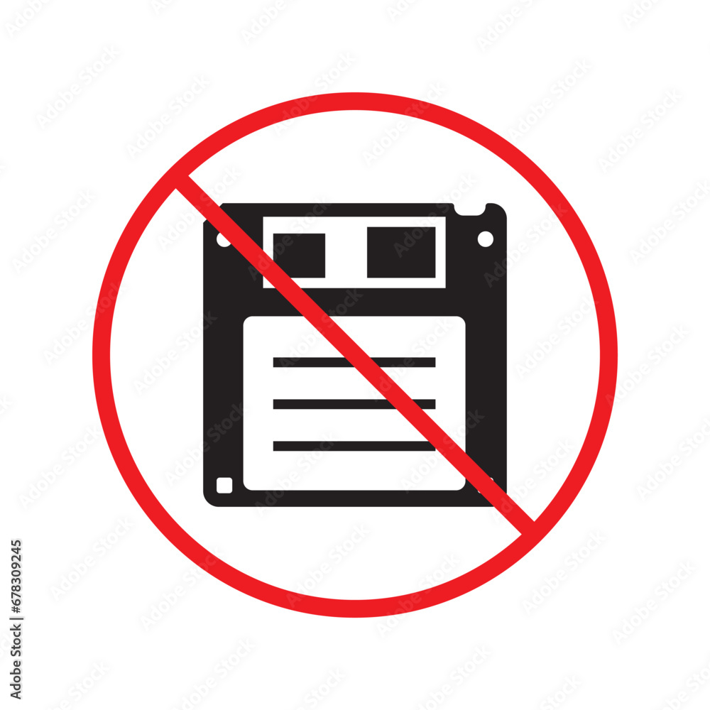 Forbidden floppy disk icon. No floppy disk vector sign. Prohibited disc icon. Warning, caution