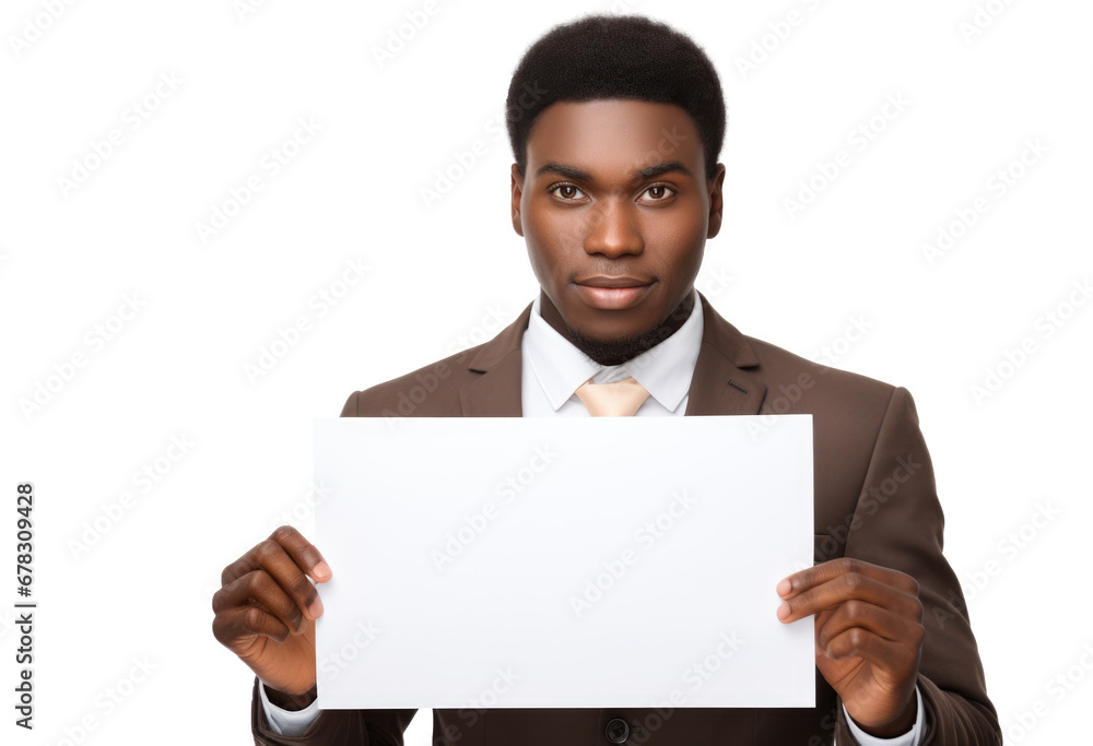 smiling african american businessman man holding blank empty banner on transparent background smiling african american businessman man holding blank empty banner on transparent background