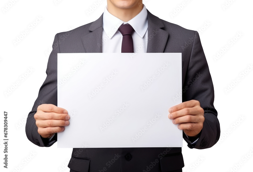 Close-up of unrecognizable businessman man holding blank white banner isolated from transparent background Close-up of unrecognizable businessman man holding blank white banner isolated from transparent background