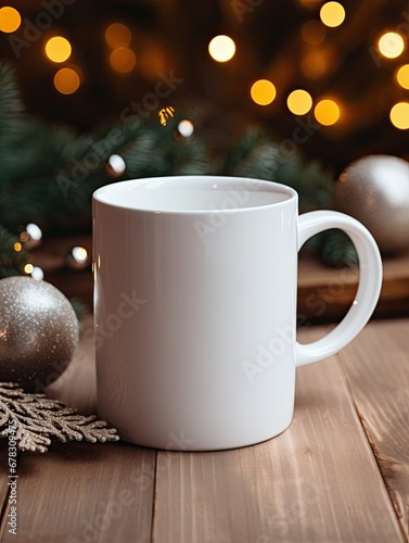 blank white coffee mug on a christmas background - mockup template