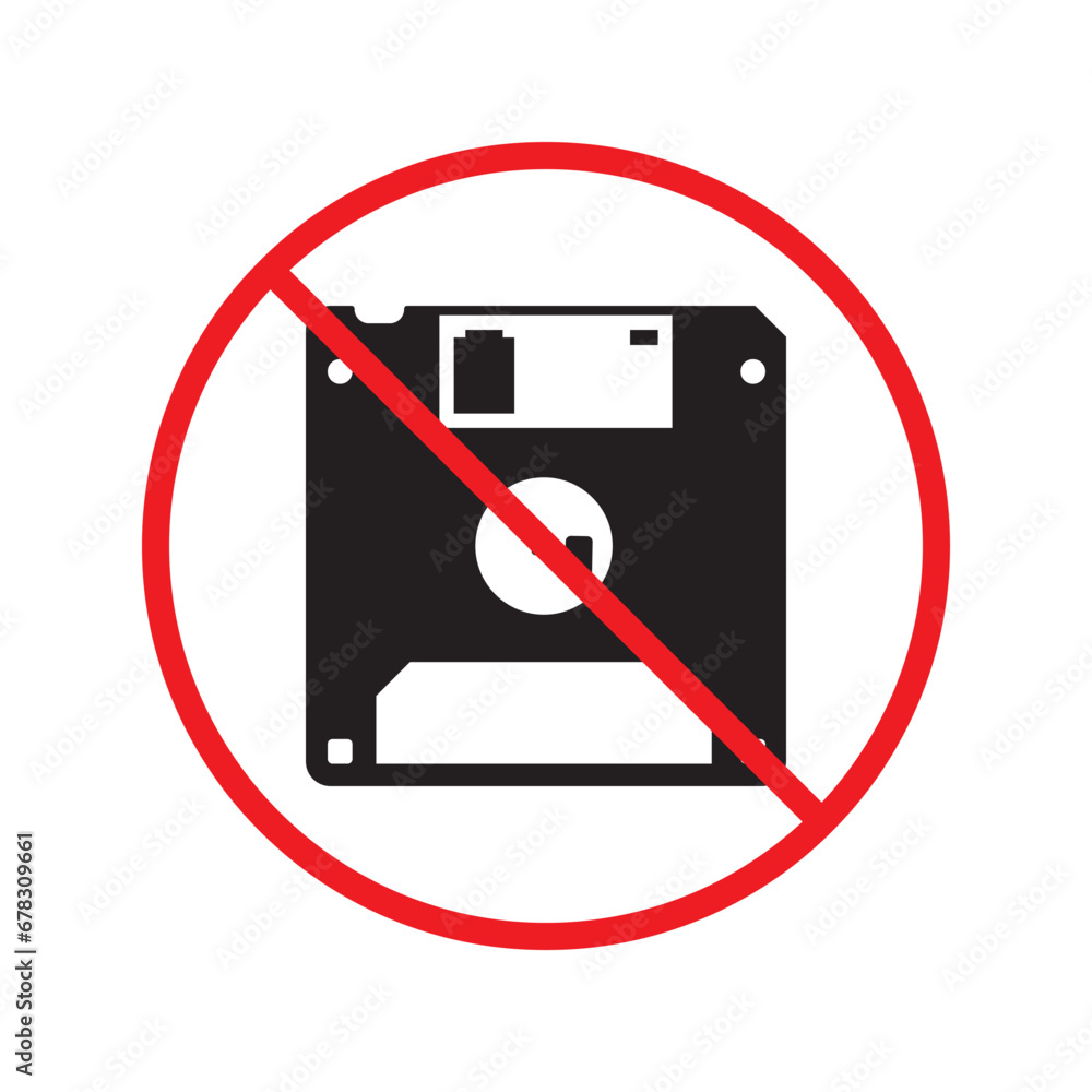 Forbidden floppy disk icon. No floppy disk vector sign. Prohibited disc icon. Warning, caution