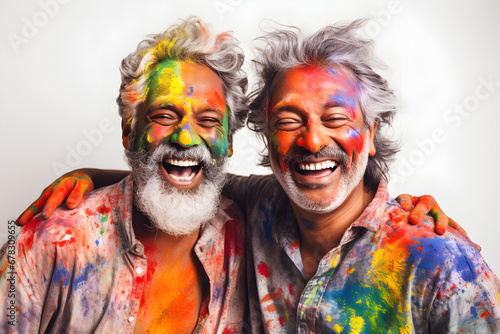 Colorful Laughter: Smiling Faces of Two Elderly Men on white background with copy space  photo