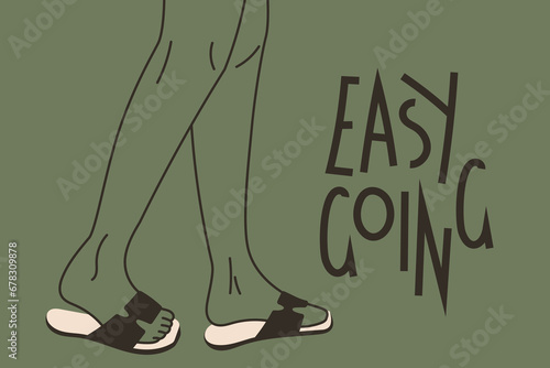 Vector fashion banner with inscription Easy Going. Women legs in trendy slippers. Shoe advertising poster template.