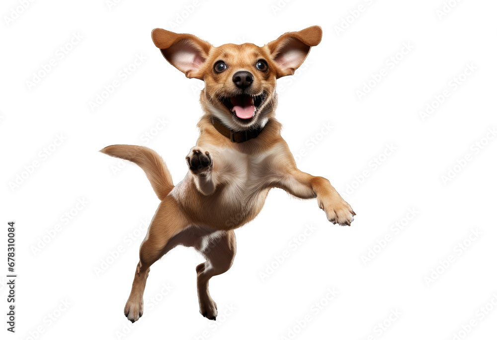 A happy jumping dog in the air on a transparent background A happy jumping dog in the air on a transparent background