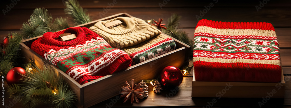 Obraz premium A beautiful knitted sweater with an ornament, in a festive package on a New Year's background, a cute gift