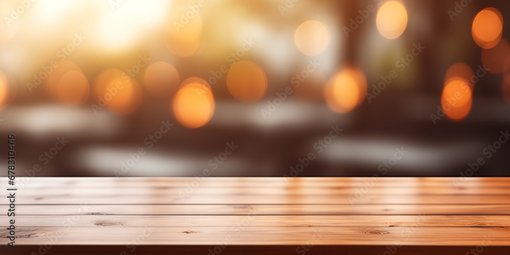 Empty wooden table and bokeh background, product display montage