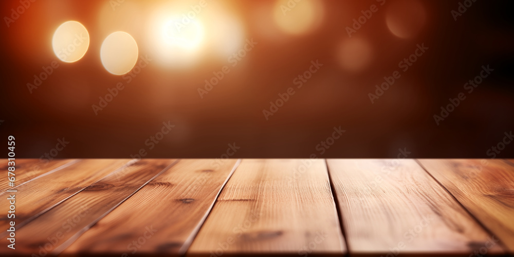 Wooden table in front of blurred background with bokeh effect Wooden table in front of blurred background with bokeh effect
