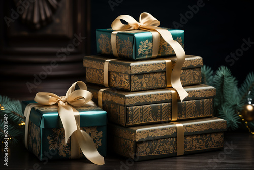 beautiful wrapped christmas gifts on a wooden background.