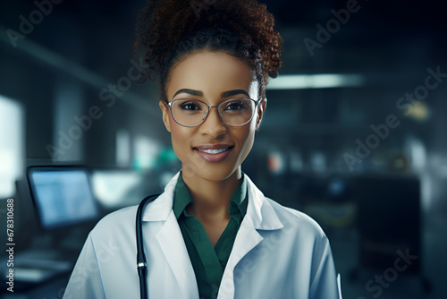 An African American female doctor against a hospital backdrop