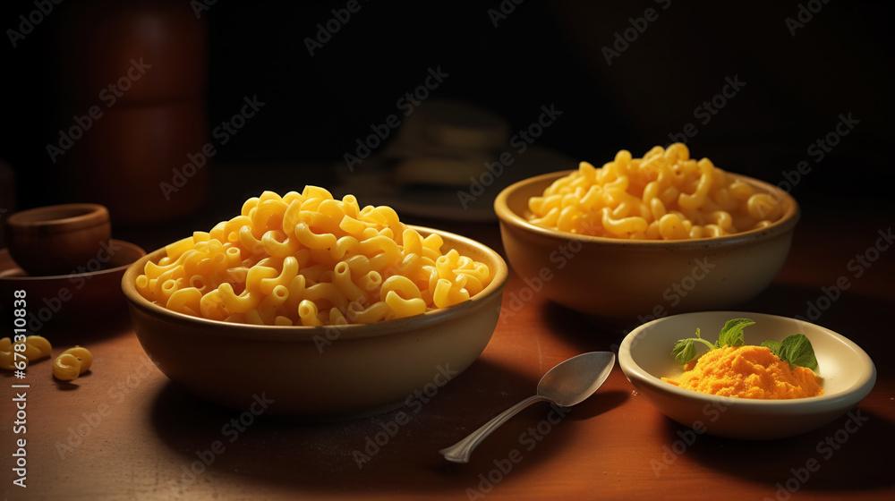 Bowls of creamy macaroni in a warmly lit setting. Bowls of creamy macaroni in a warmly lit setting.