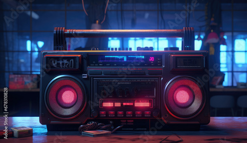Colorful 1980s Boombox in Neon Style in abandoned disco
