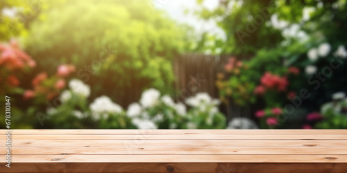 Wooden table in front of blurred garden background, product display montage #678310847