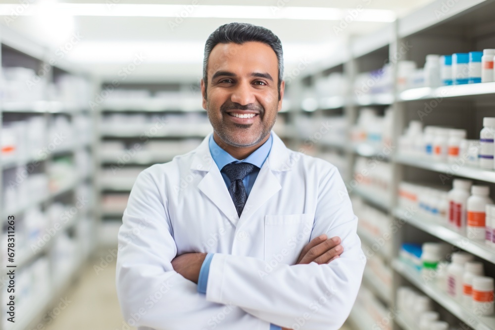 A Scientific Expert in a White Lab Coat Providing Expertise in the Pharmacy Aisle
