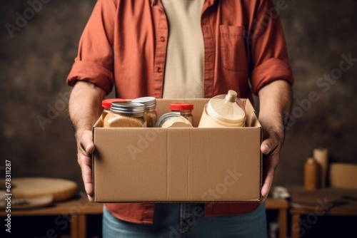 Volunteer holding a box of various aid for charity photo