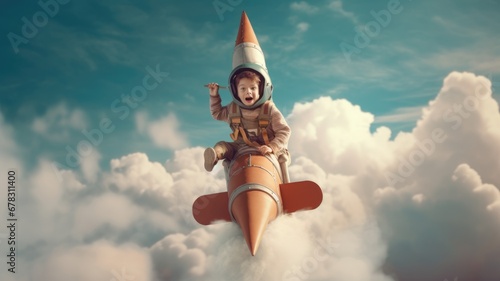A boy, excited, flying the rocket above clouds in the sky. Generative AI image weber.