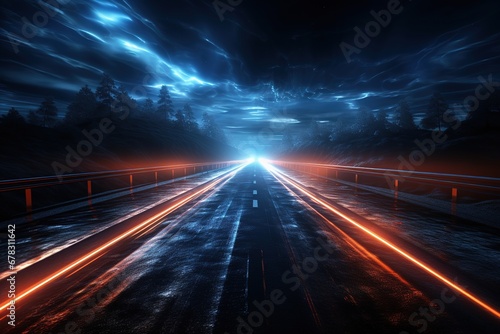 Futuristic road in the dark with glowing lights, 3D rendering, Ai Generated