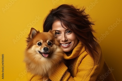 happy african american housewife with cute spitz puppy, looking away and smiling, pleasantly walking together, isolated on yellow background, empty space © Georgii