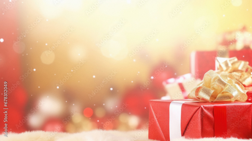 Christmas background with red gift box and christmas tree on bokeh background.
