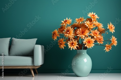 Interior design of a modern living room with space for text, featuring a daisy flowers bouquet in an orange vase on a white wooden coffee table near a turquoise wall background