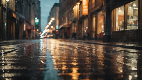 Abstract urban background. Lights and shadows of city. Streets after rain with reflections on wet asphalt. Ai Generative