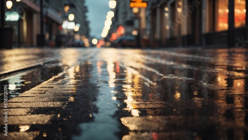Abstract urban background. Lights and shadows of city. Streets after rain with reflections on wet asphalt. Ai Generative