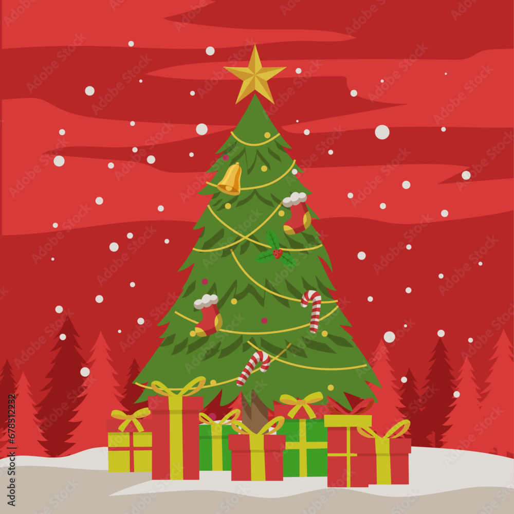 Christmas tree with many gift in the forest Christmas tree with many gift in the forest
