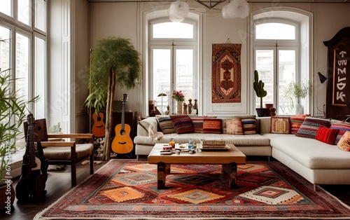 Interior of living room in oriental style with folk carpet. Cozy living room with white couch and bright decoration.