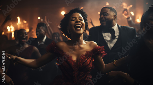 Beautiful black woman smiling and dancing in a party photo