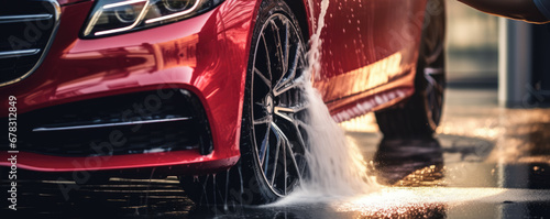 Automobile dealer washing a luxury car. Red car wash close up. copy space for text. © Michal