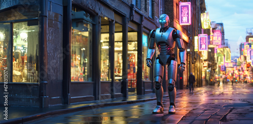 Lonely and neglected robot wanders disconsolately through the city center in the evening photo