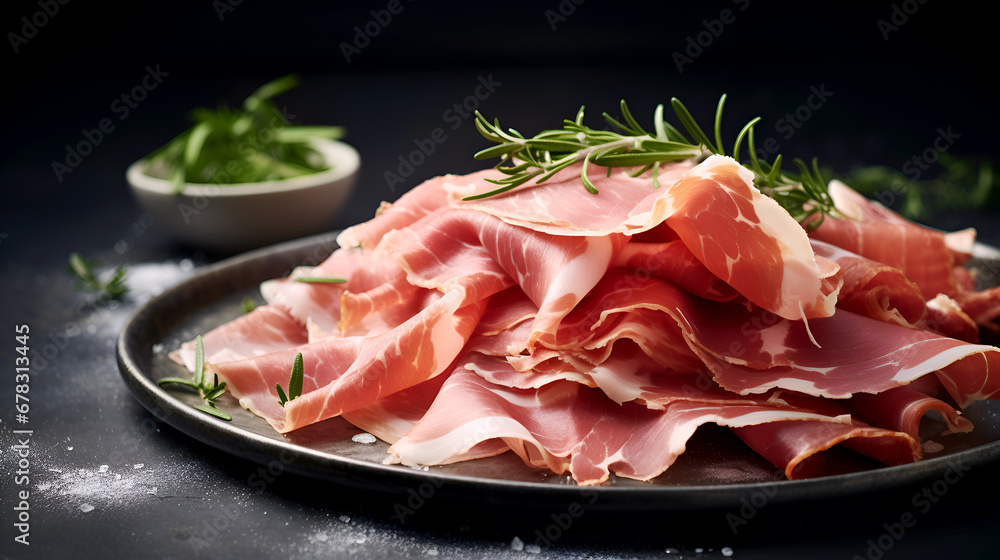Prosciutto ham. Sliced Prosciutto with Rosemary on a dark background. Close-up of sliced of Parma ham on black plate with herbs. Cured meat delicacy with fresh herbs on dark Backdrop. Italian food Prosciutto ham. Sliced Prosciutto with Rosemary on a dark background. Close-up of sliced of Parma ham on black plate with herbs. Cured meat delicacy with fresh herbs on dark Backdrop. Italian food