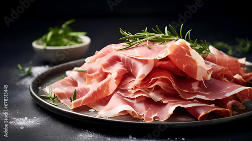 Prosciutto ham. Sliced Prosciutto with Rosemary on a dark background. Close-up of sliced of Parma ham on black plate with herbs. Cured meat delicacy with fresh herbs on dark Backdrop. Italian food