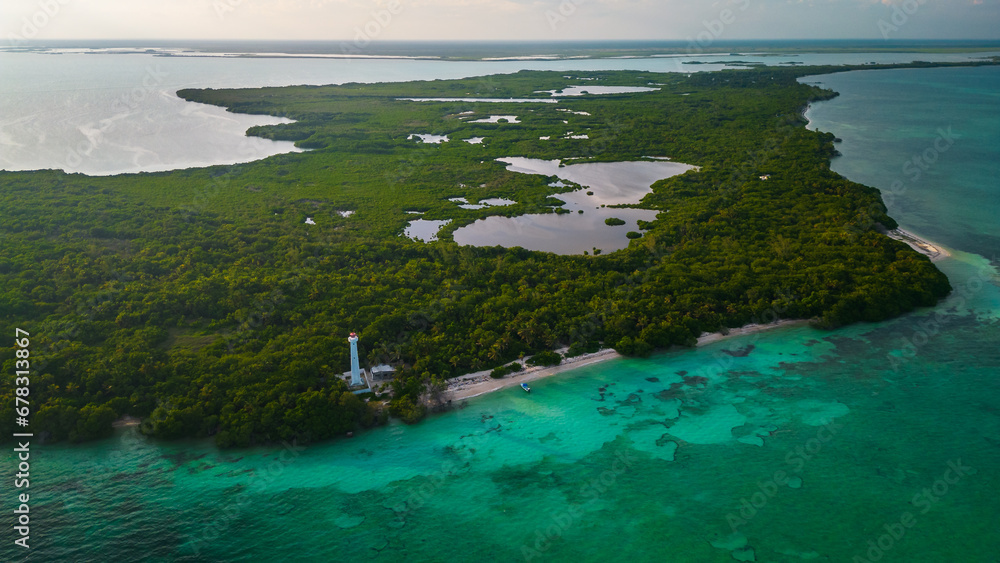 drone fly above natural park biosphere reserve in Tulum Sian Ka'an, Punta Allen lighthouse