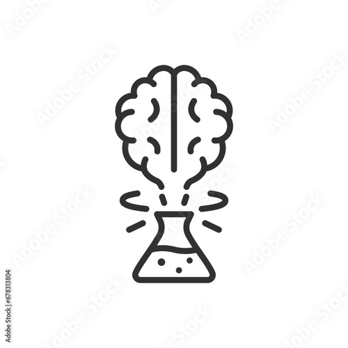 Flask with an explosion in the shape of a brain, linear icon. Science, scientific discovery. Line with editable stroke