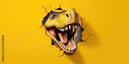 Cute T-Rex peeking out of a hole in wall, torn hole, empty copy space frame, mockup. Generative AI image weber. photo