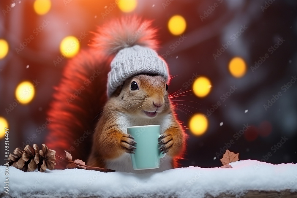 Cheerful squirrel drinks warm cocoa in forest against backdrop of lights Cheerful squirrel drinks warm cocoa in forest against backdrop of lights