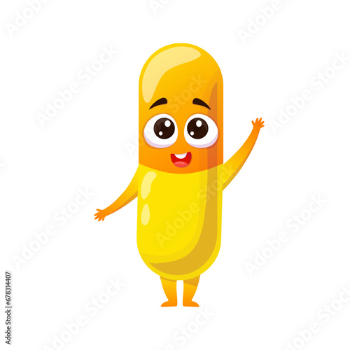 Cute happy medical character medicine capsule in cartoon style.Bright yellow-orange capsule with cute big eyes and smiling mouth. Vector medical illustration for children, hospitals, pharmacies