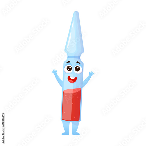 Cartoon character of medical ampoule with medicine with big eyes and smile. Vector volumetric cool medical character with legs and arms.Vector illustrations for drawings, and print designs.
