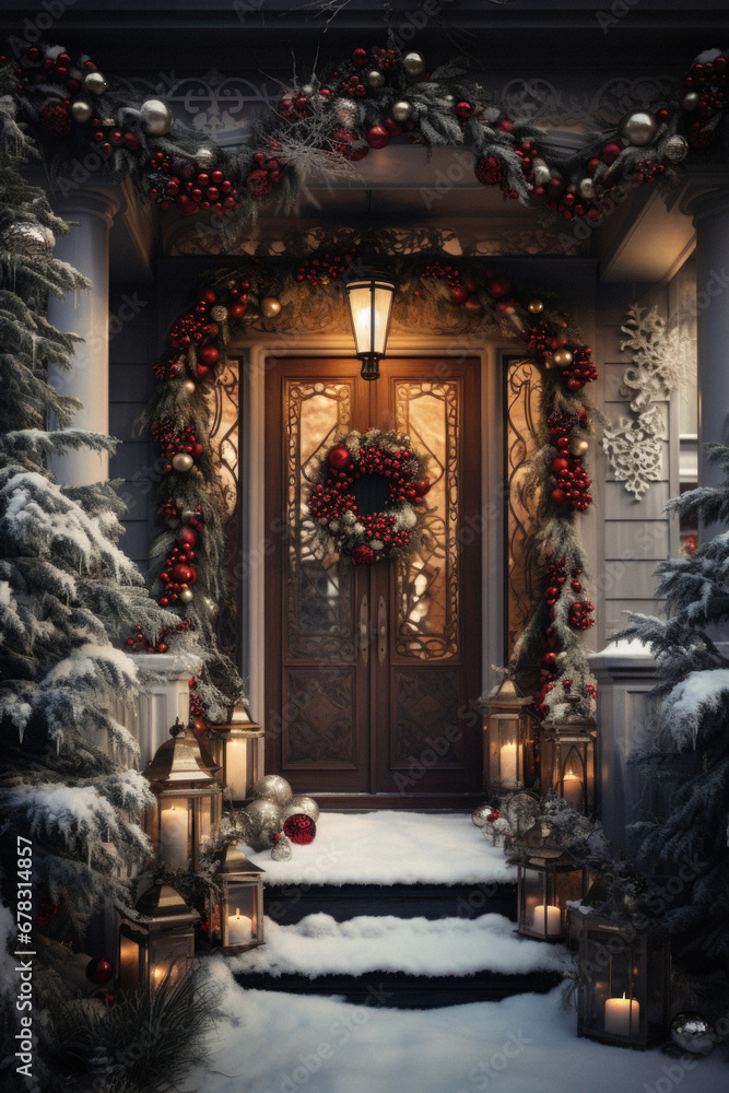 Of a front door of a house decorated for Christmas.